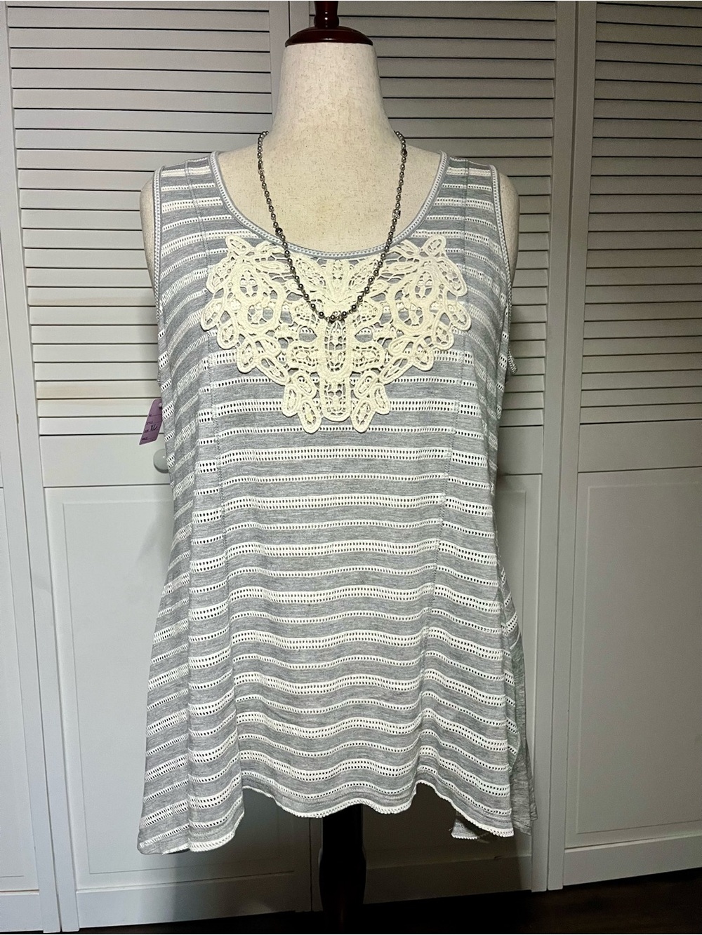 ONE WORLD Gray & White Striped Tank with Cream Crochet Bib